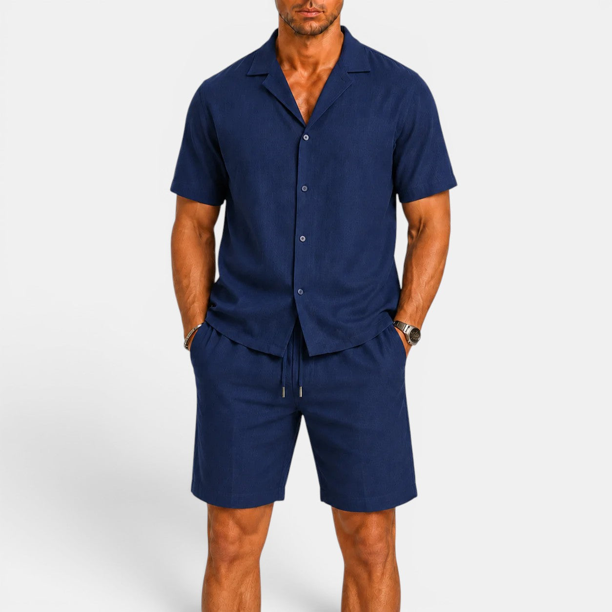 Men's matching linen shirt and shorts set in navy