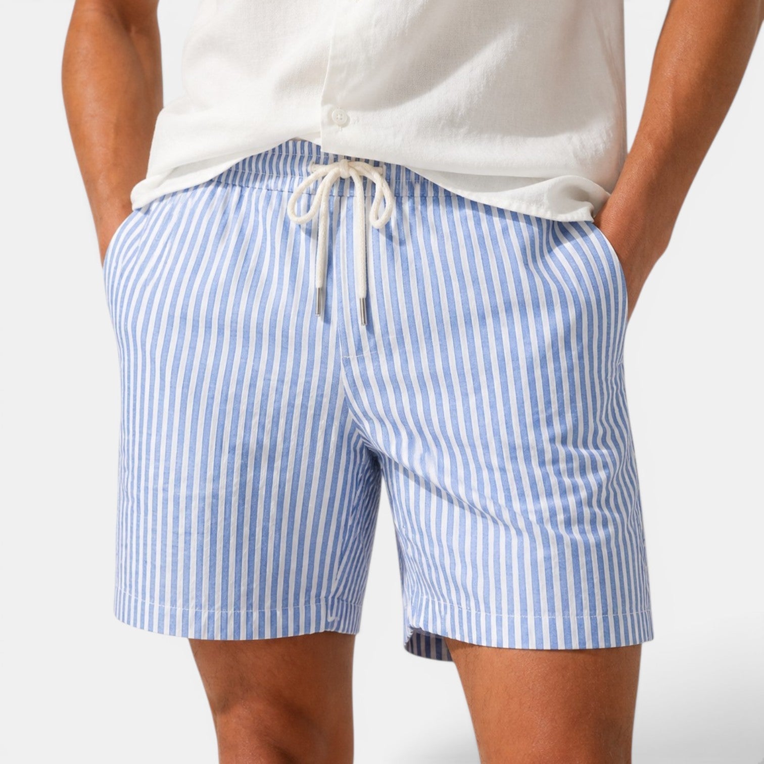 Men's light blue linen shorts front view