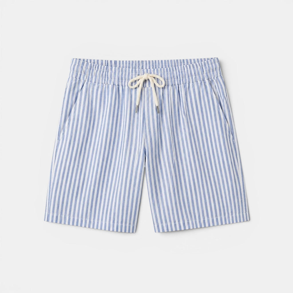 Men's light blue linen shorts worn side view