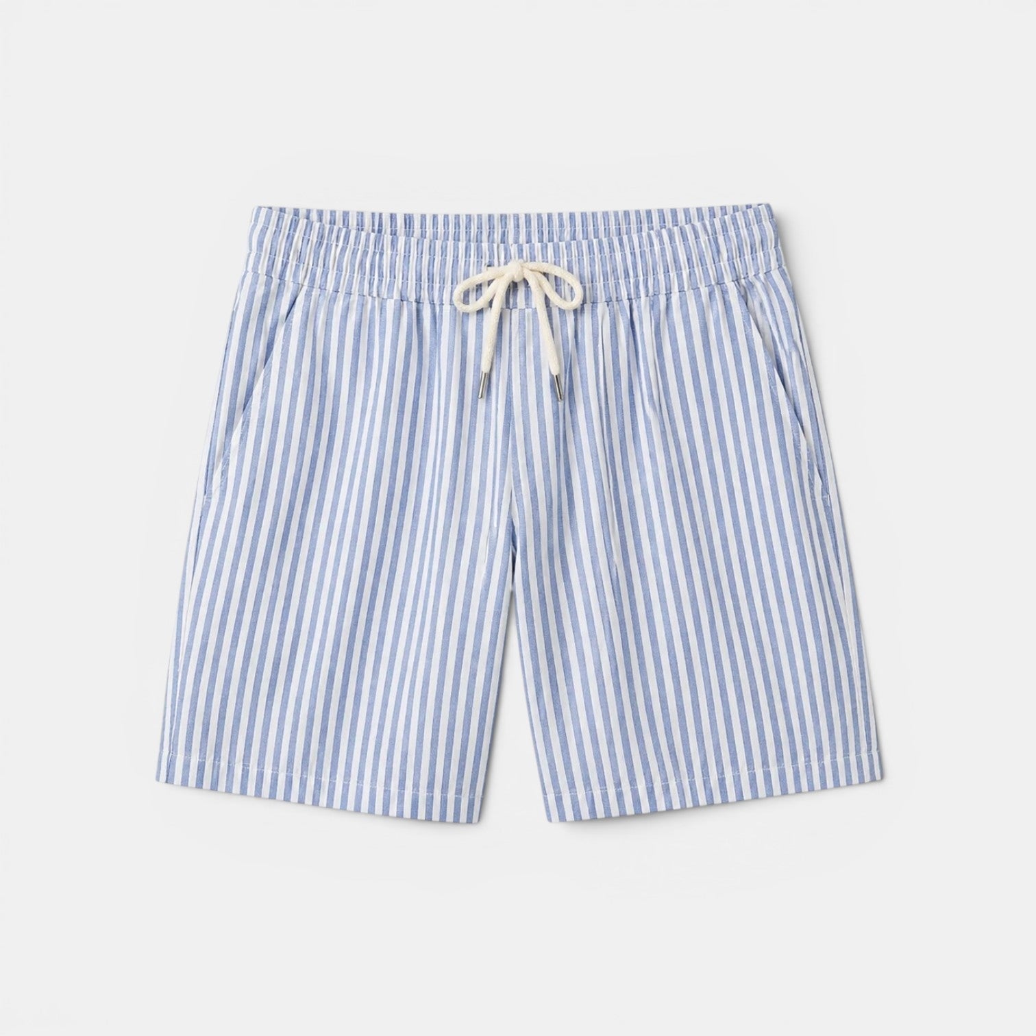 Men's light blue linen shorts worn side view