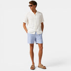 Men's light blue linen shorts fabric detail