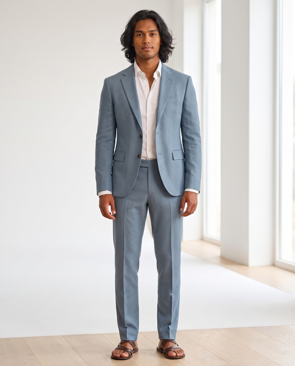Men's slim fit linen suit set, front view