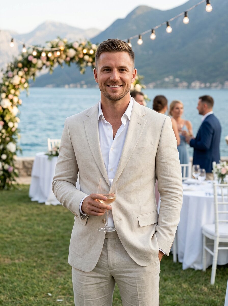 Men's linen suit set, tailored detail view