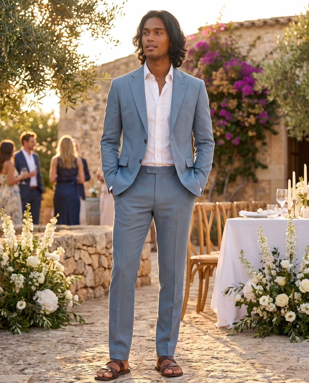 Side view of the men's linen suit set