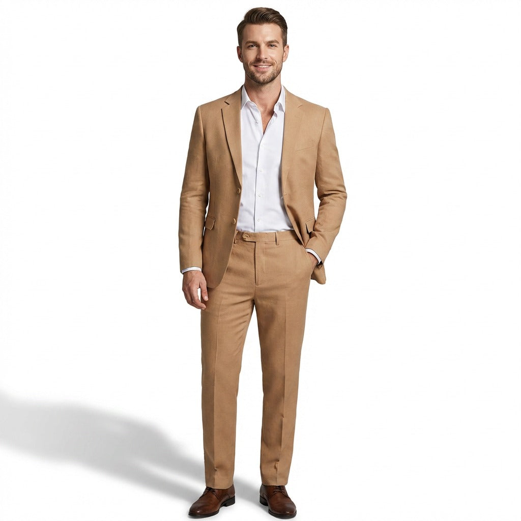 Men's linen suit set in brown, front view