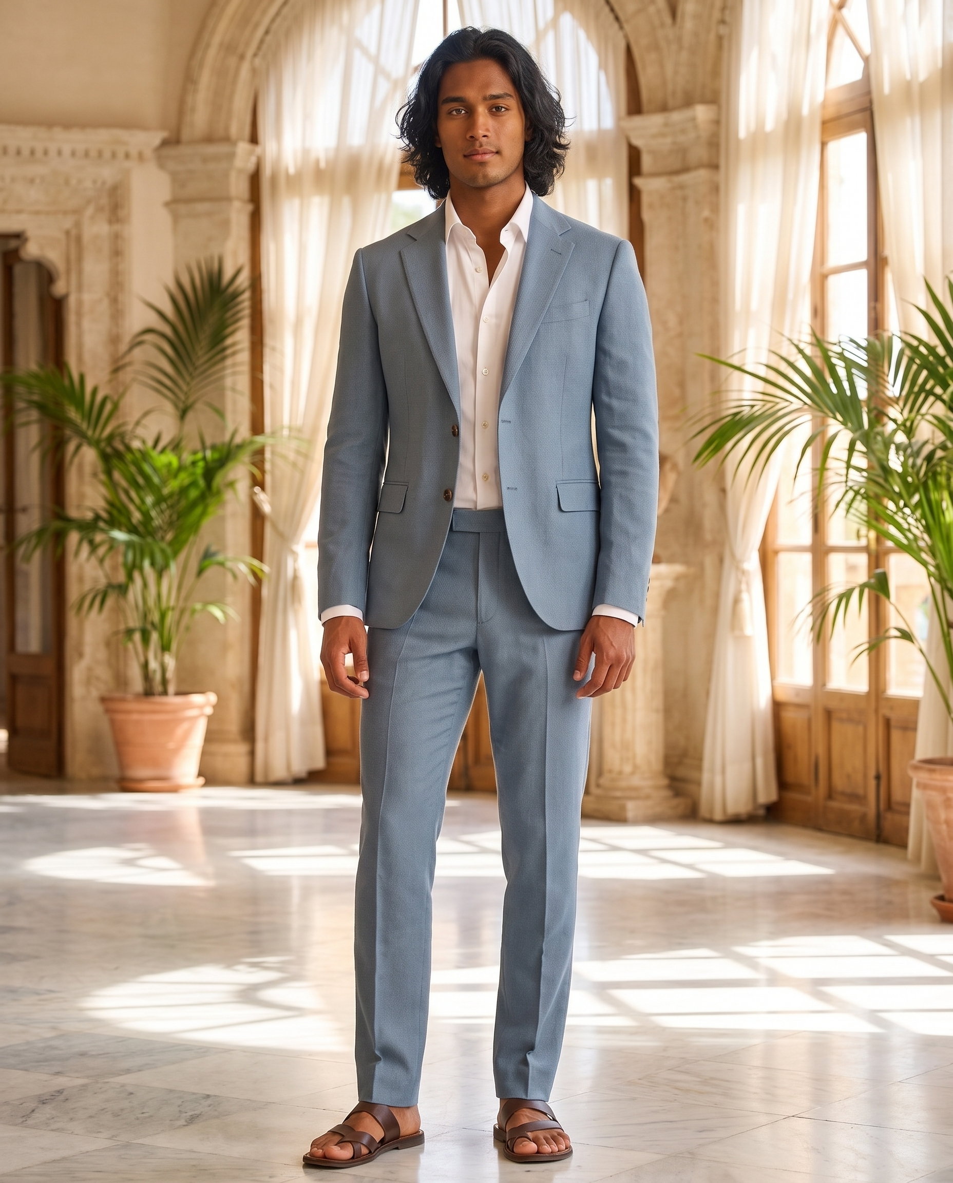 Men's linen suit shown in a light color