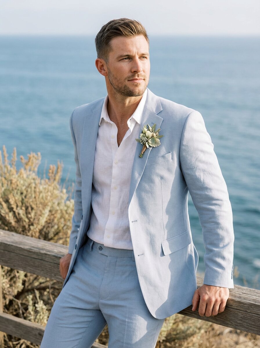 Men's linen suit set in light blue, front view