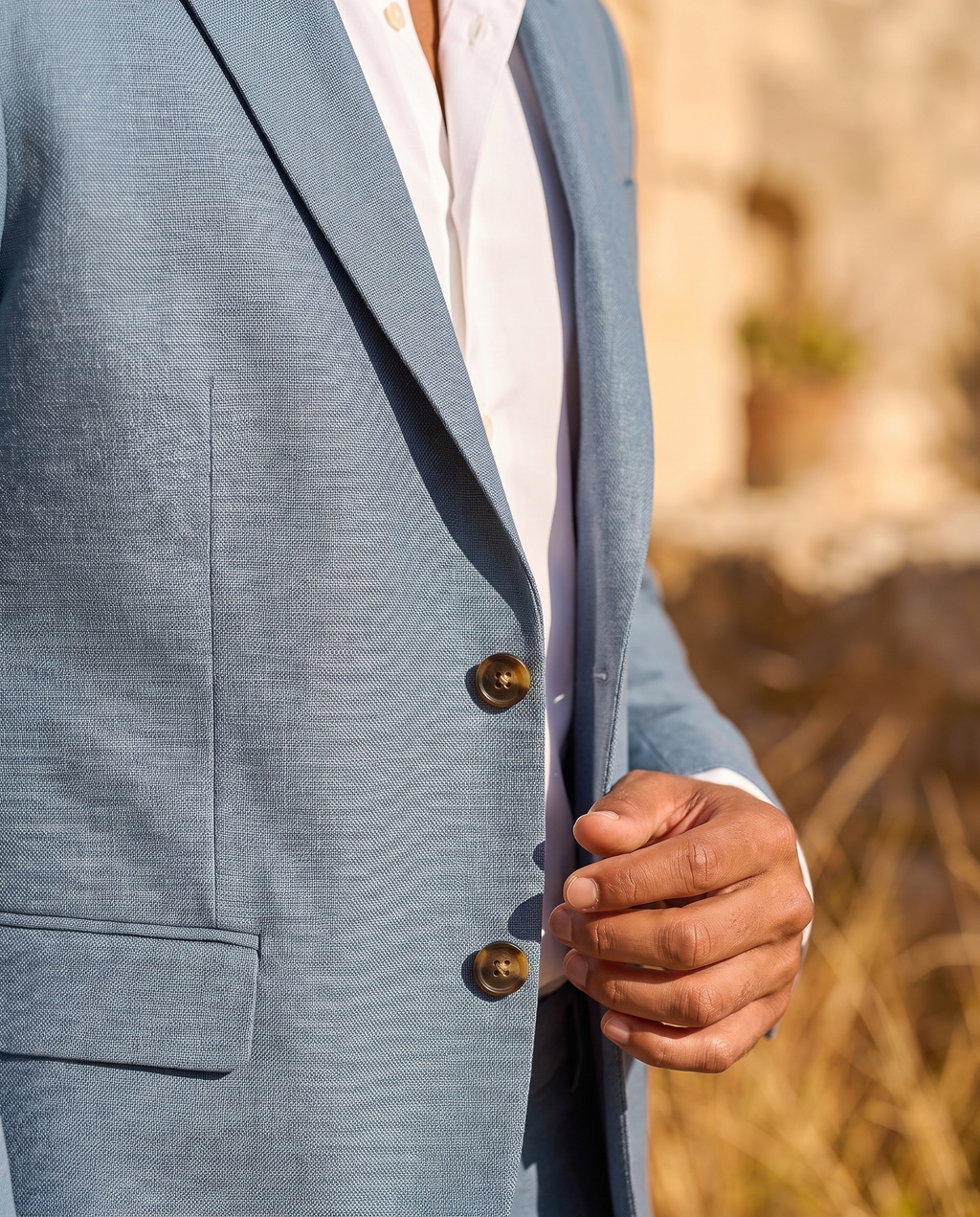 Close-up of the linen suit fabric and lapel