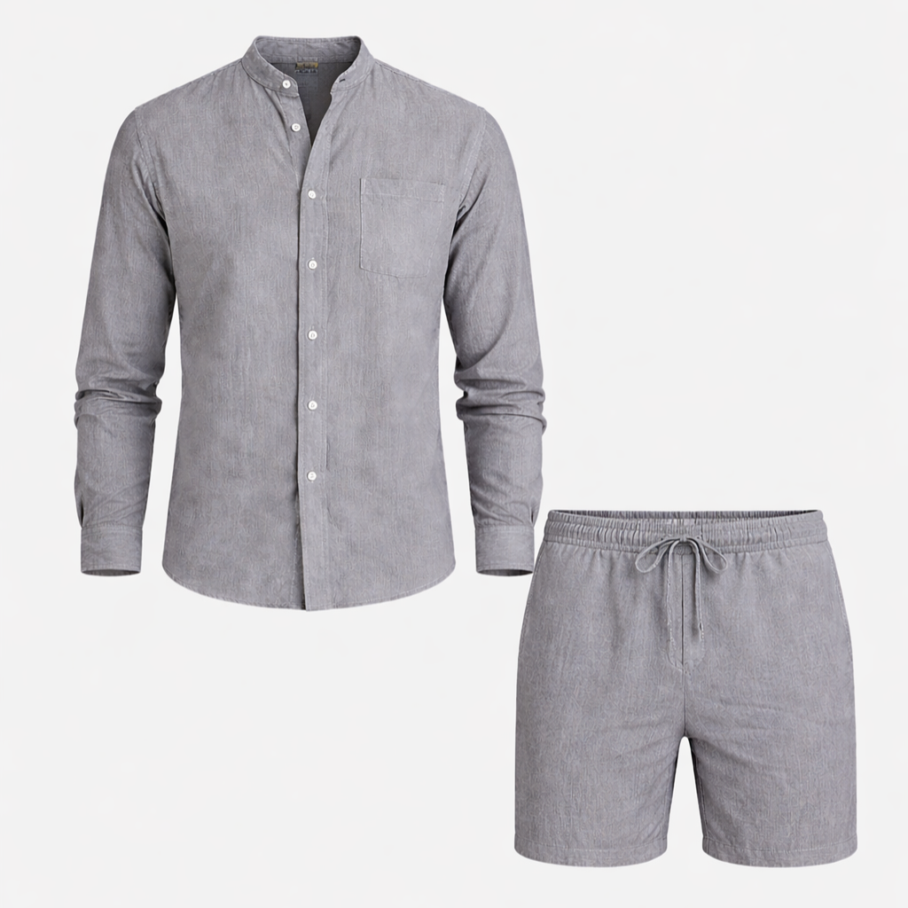 Men's linen two-piece summer set, styled view