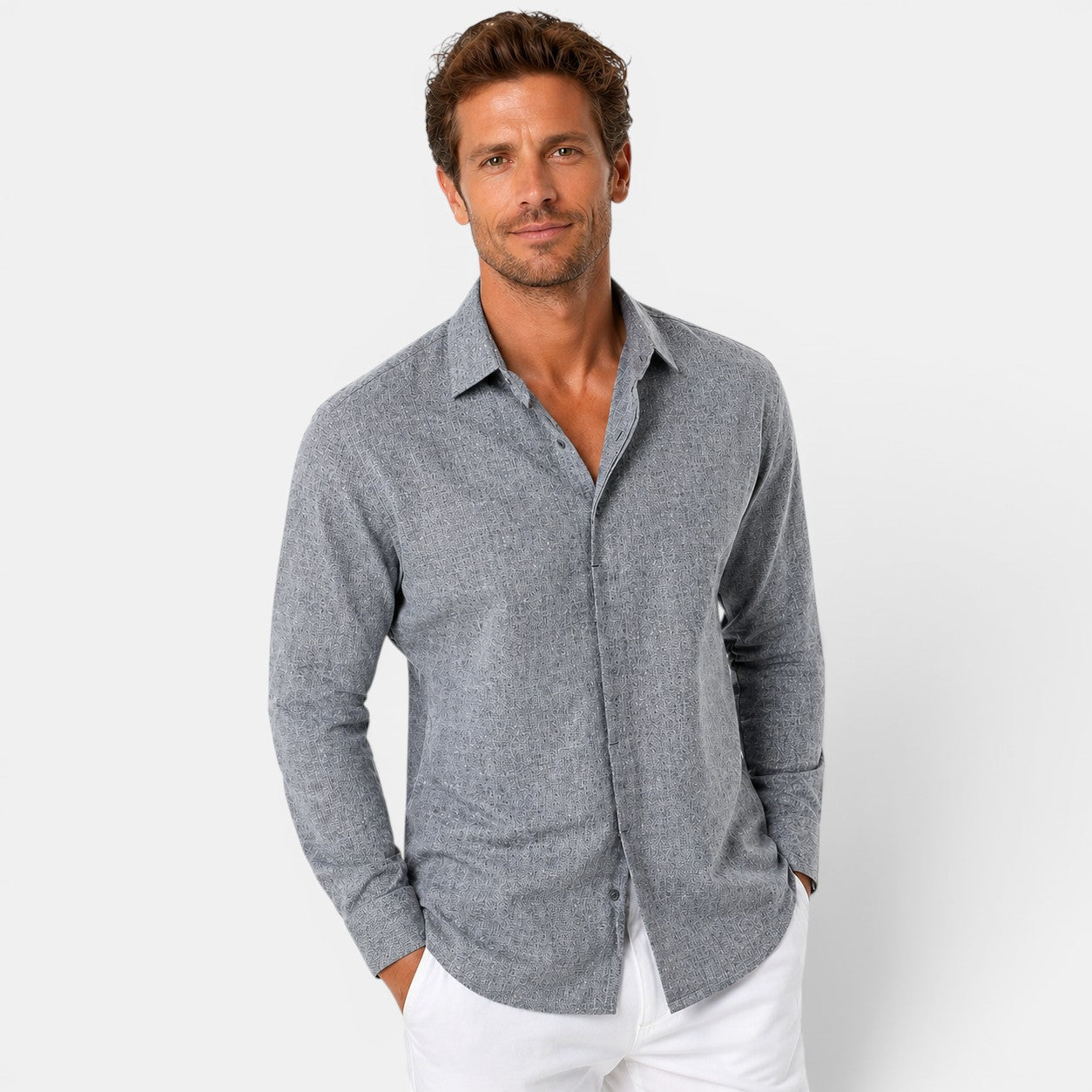 Close-up of the linen fabric and button front