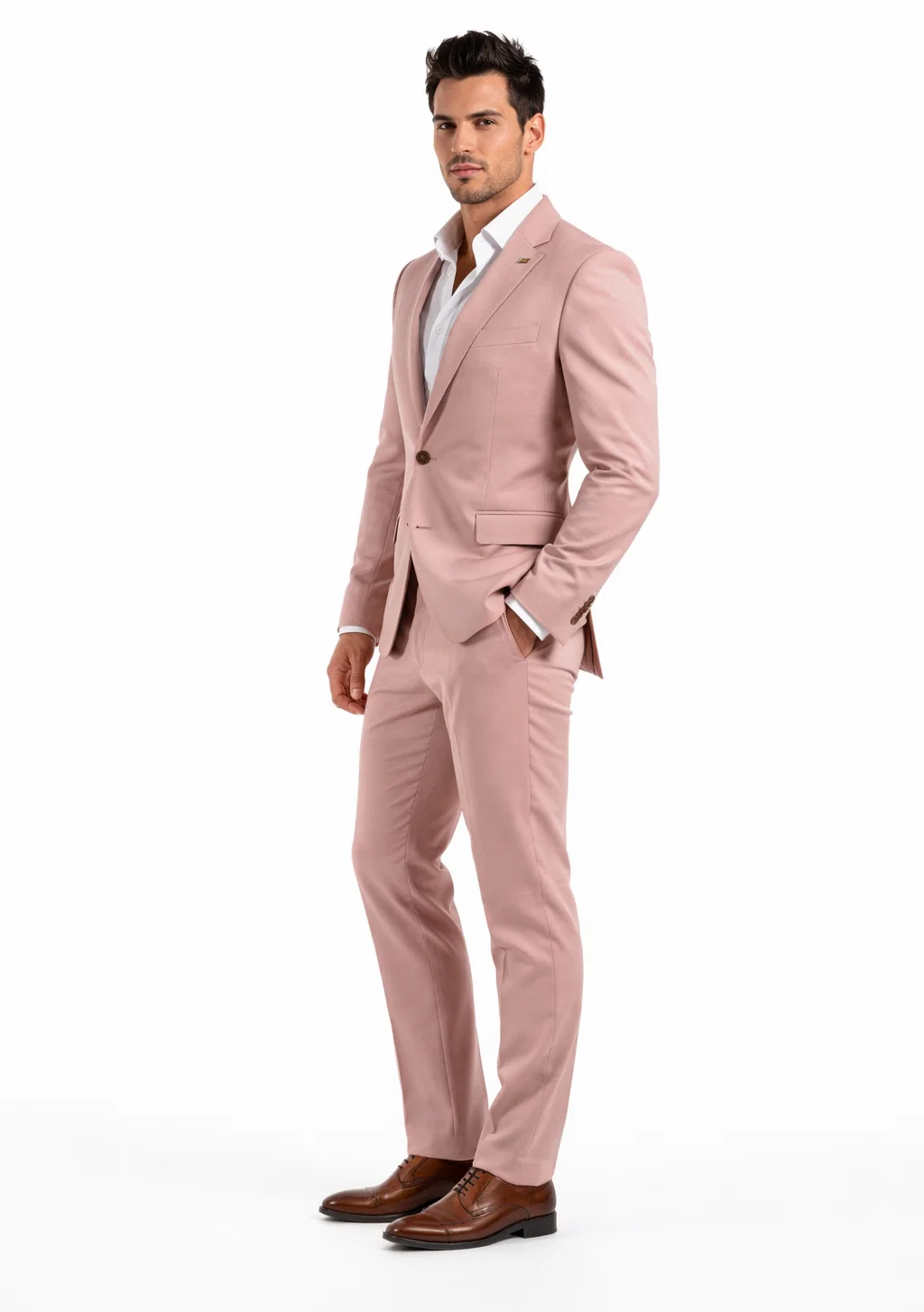 Men's mauve slim fit suit, styled view