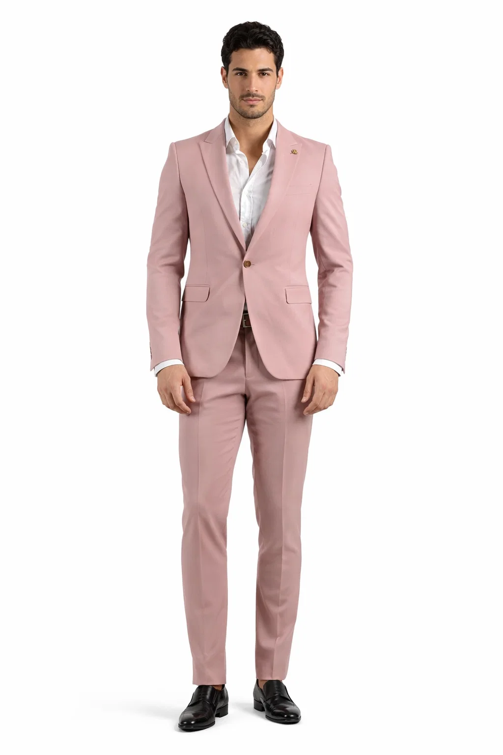 Men's mauve slim fit suit, lapel close-up