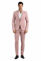 Men's mauve slim fit suit, lapel close-up