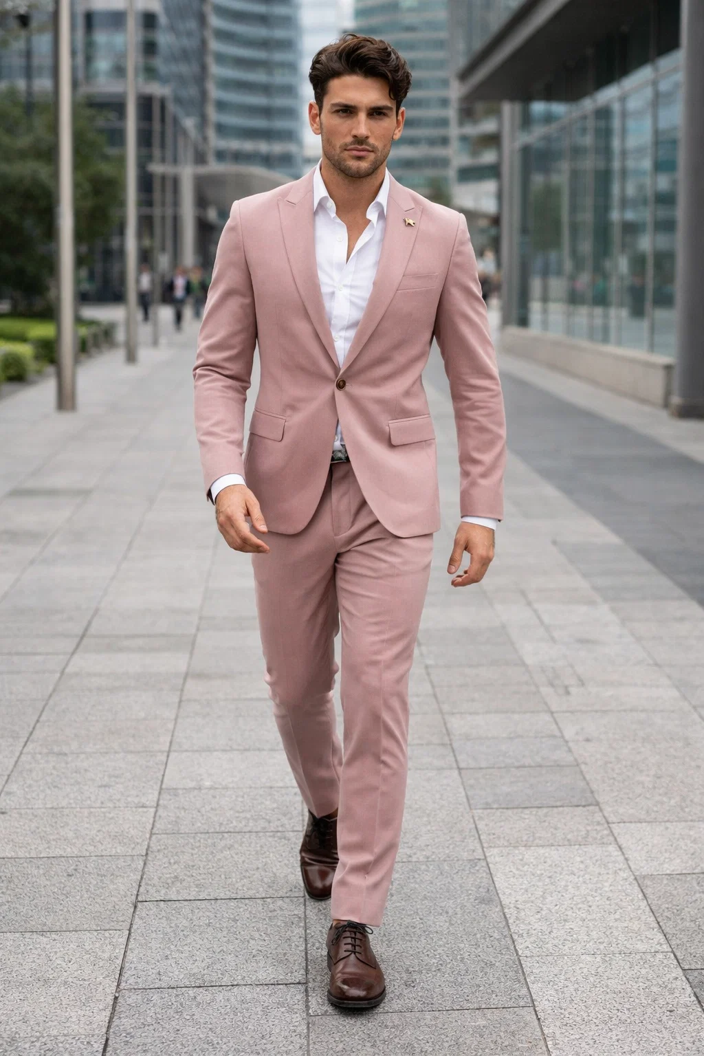 Men's mauve slim fit suit, side view