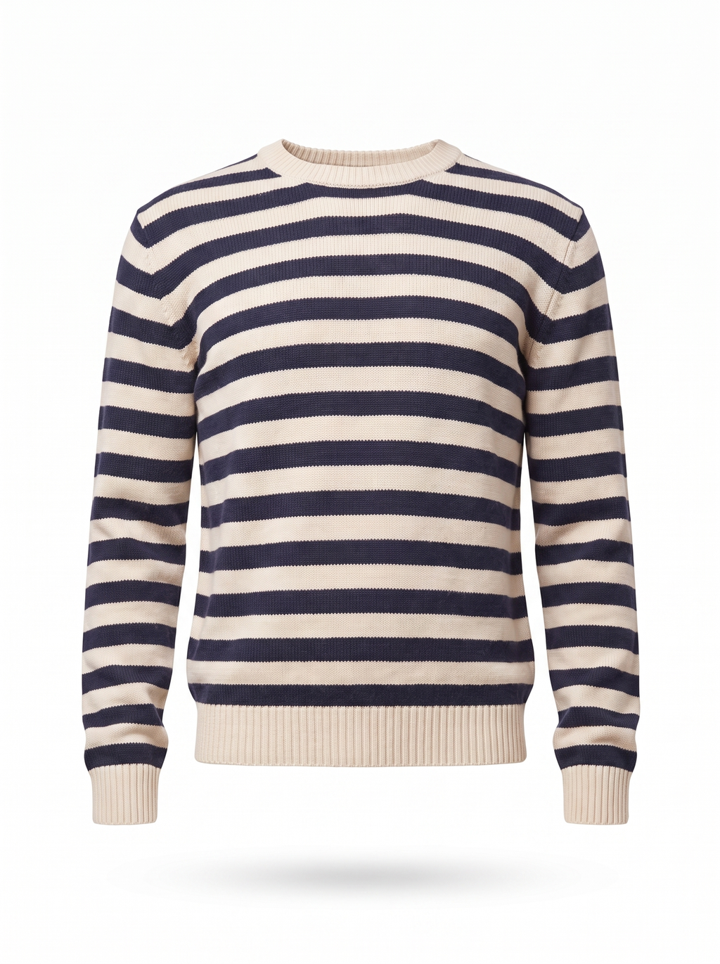 Navy striped crew neck sweater flat product shot on white background