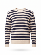 Navy striped crew neck sweater flat product shot on white background