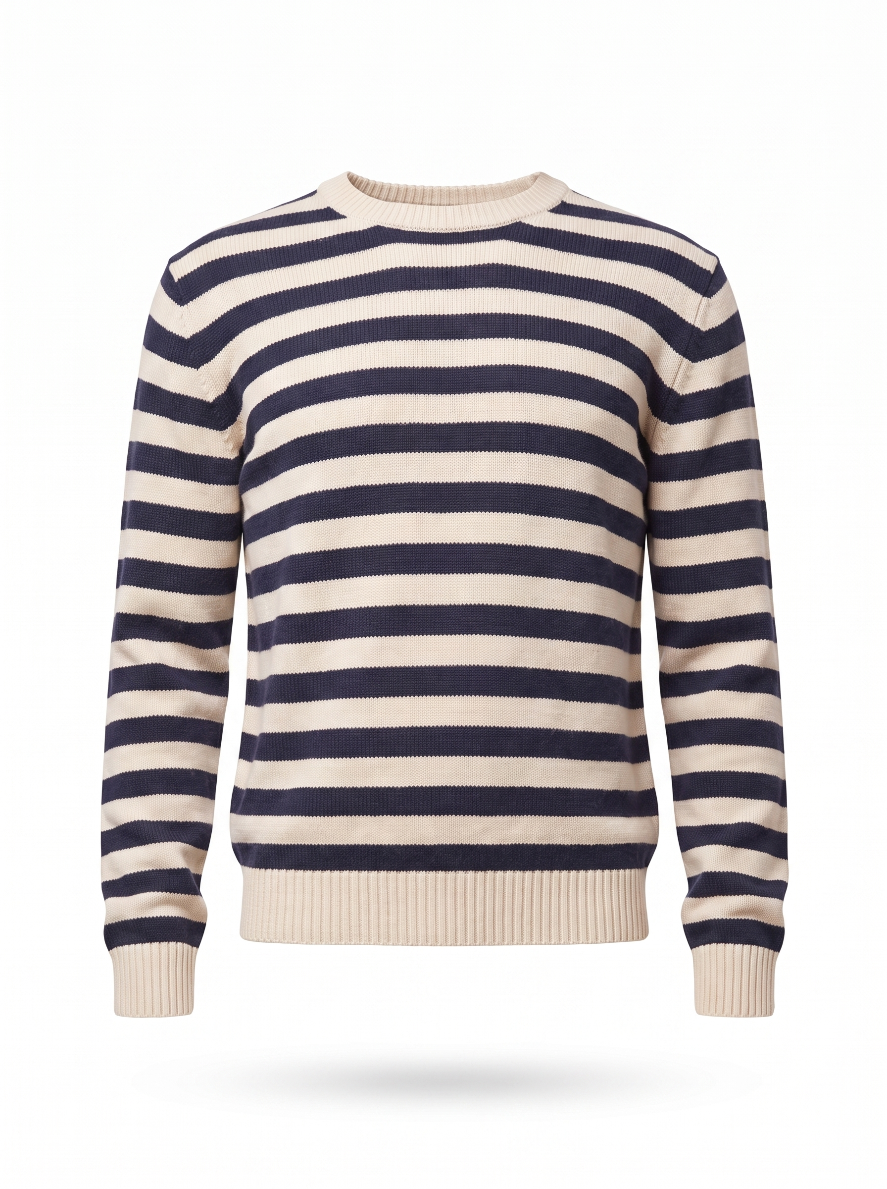 Navy striped crew neck sweater flat product shot on white background
