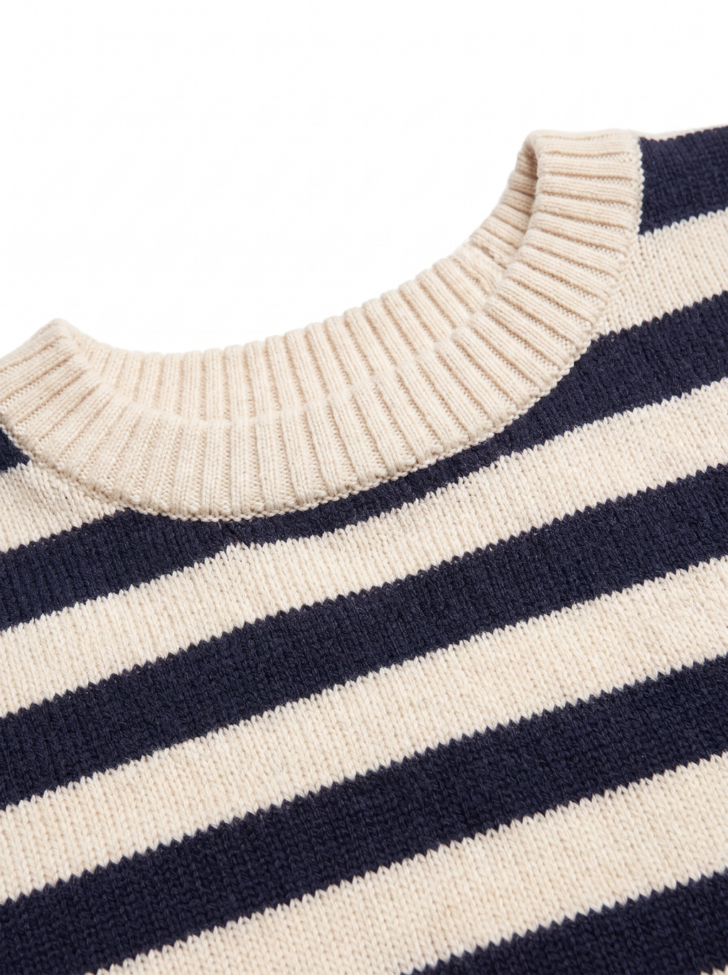 Close-up of the ribbed collar and horizontal stripe detail
