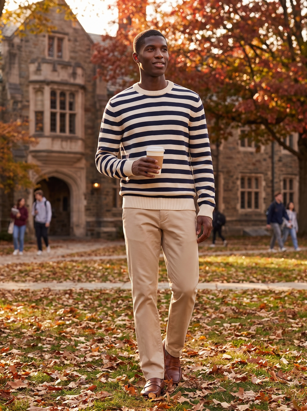 Navy striped crew neck sweater worn outdoors