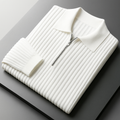 Men's quarter-zip ribbed knit sweater in white, front view