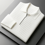 Men's quarter-zip ribbed knit sweater in white, front view