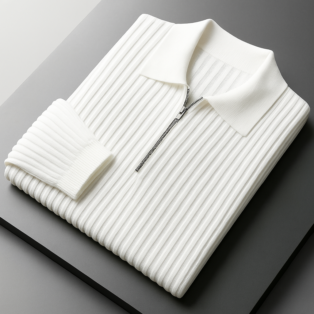 Men's quarter-zip ribbed knit sweater in white, front view