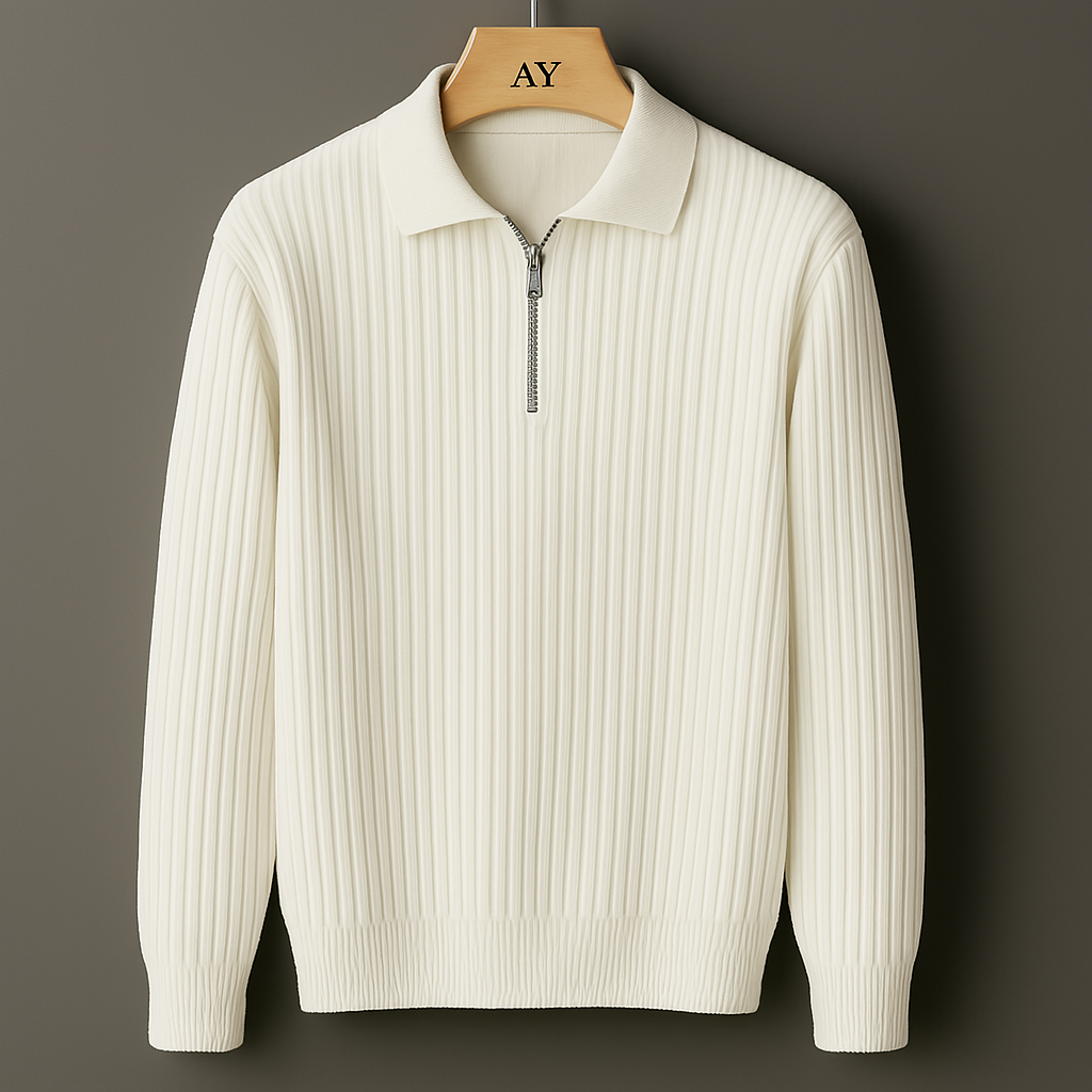 Men's quarter-zip sweater, side view showing ribbed knit texture