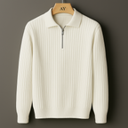 Men's quarter-zip sweater, side view showing ribbed knit texture