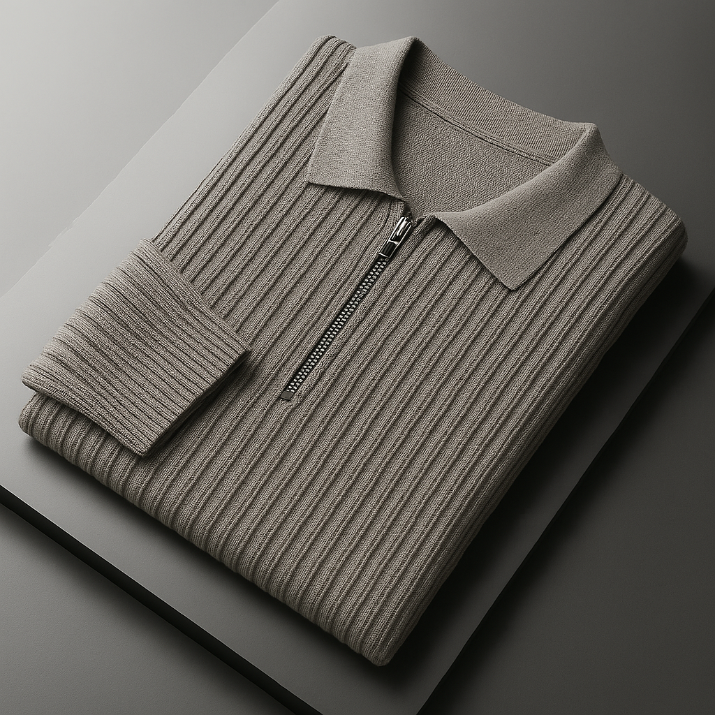 Men's quarter-zip sweater in gray, collar and zipper detail