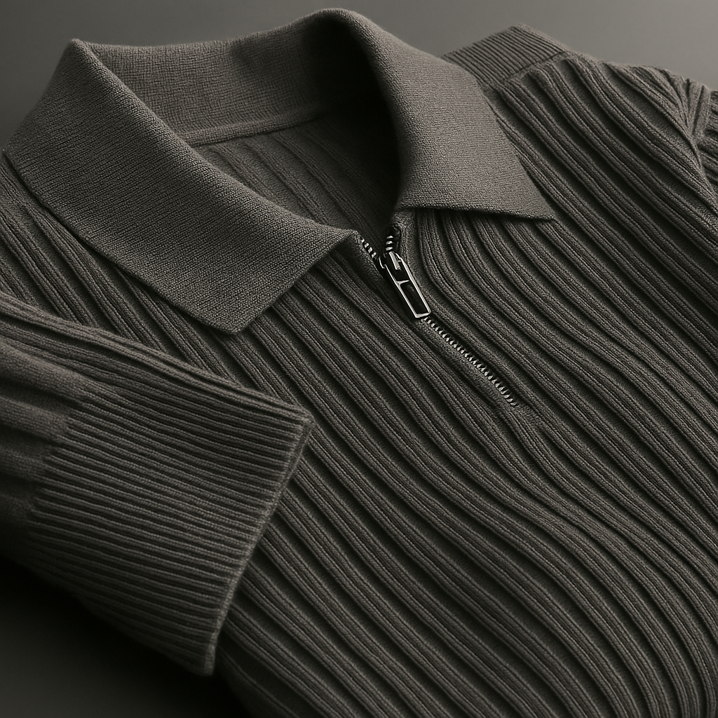 Men's ribbed knit quarter-zip sweater, back view