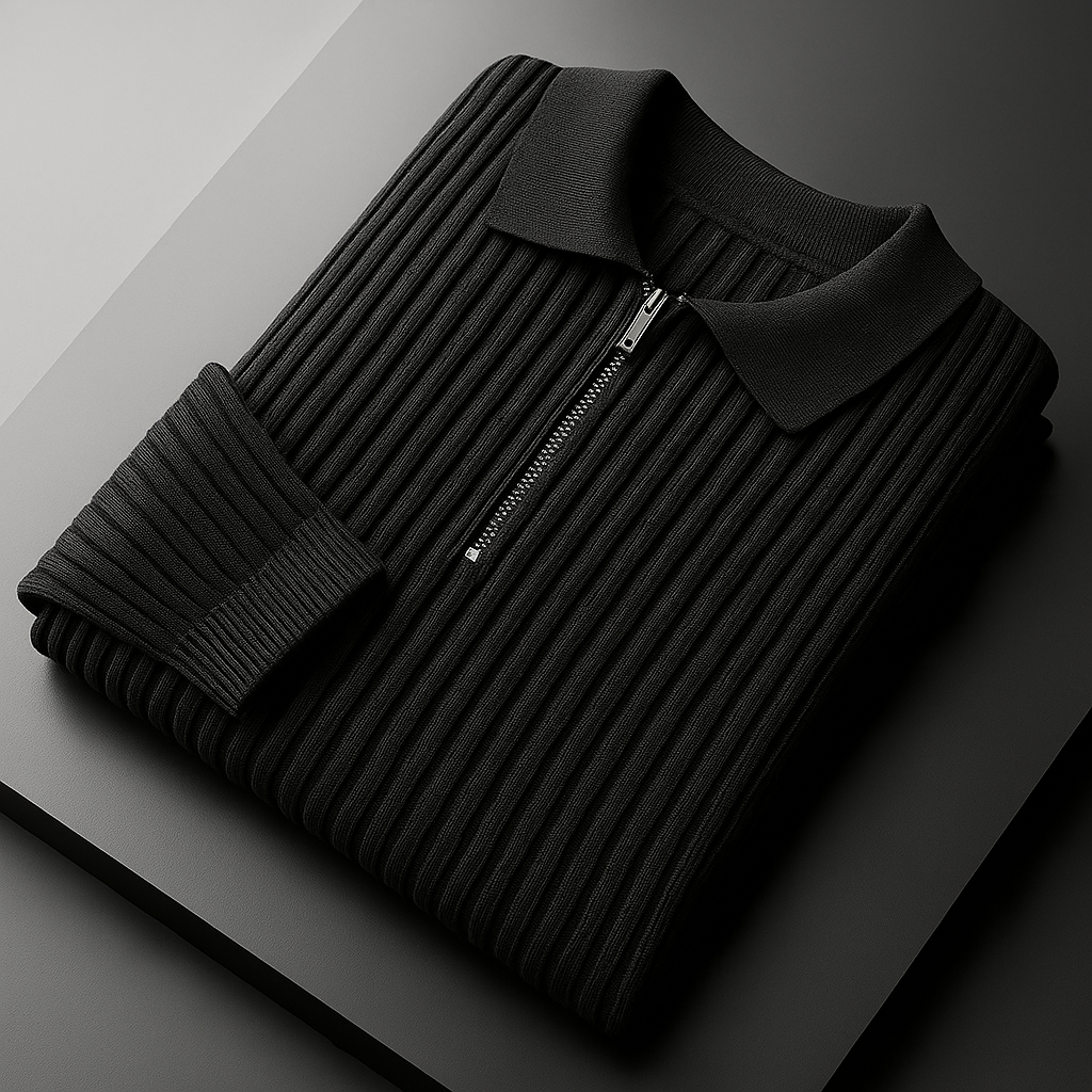 Men's quarter-zip sweater in black, ribbed knit close up