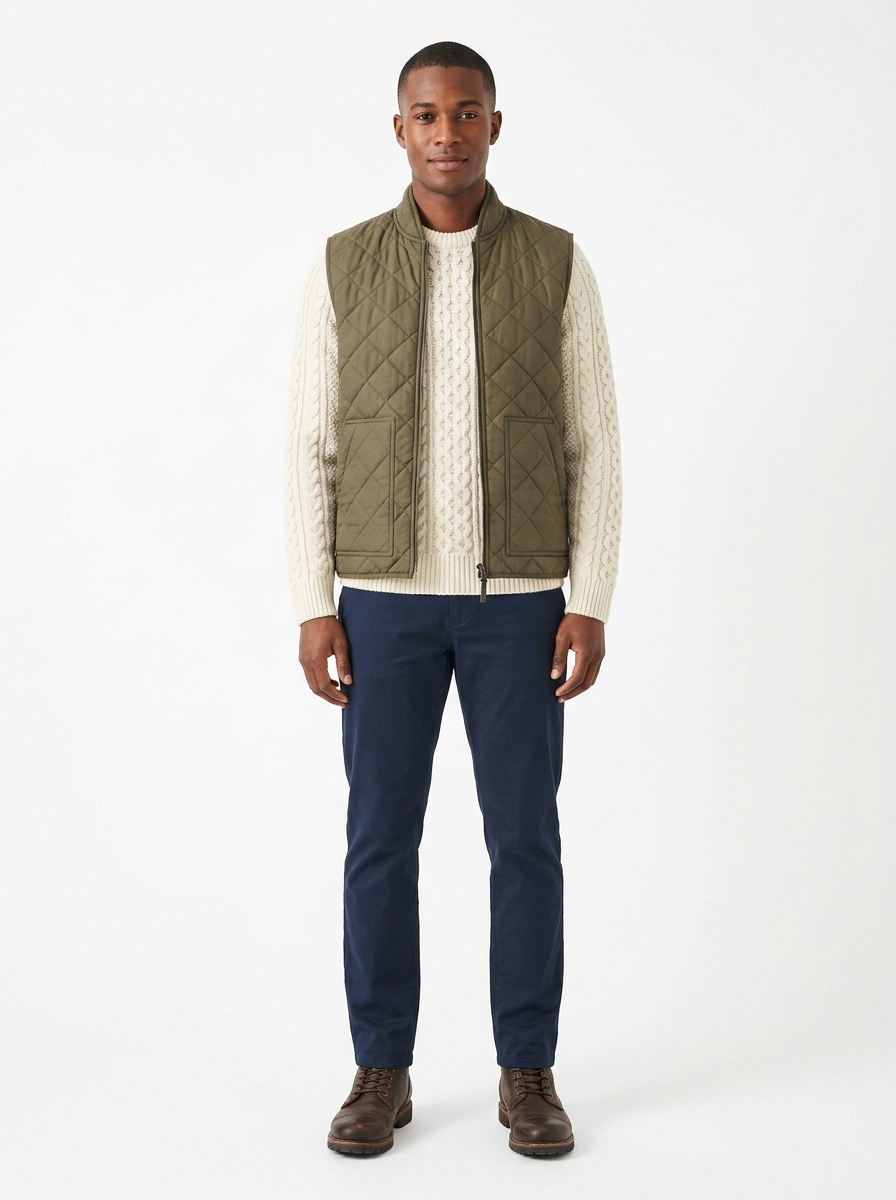 Olive quilted zip-up vest worn by model, front view