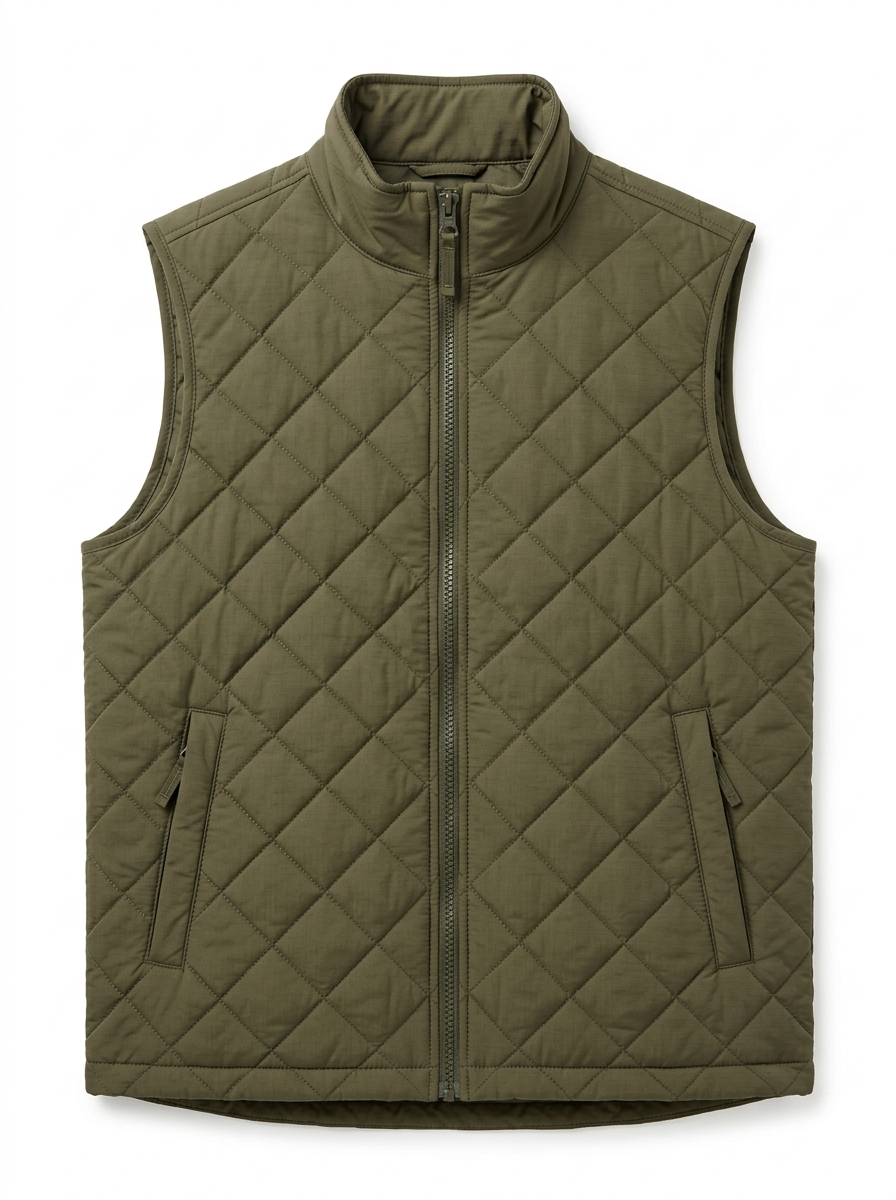 Quilted zip-up vest in Olive on a white background