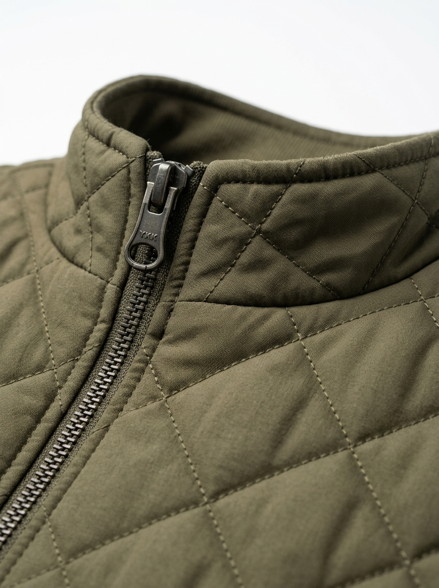 Close-up of the diamond stitching and zipper pull
