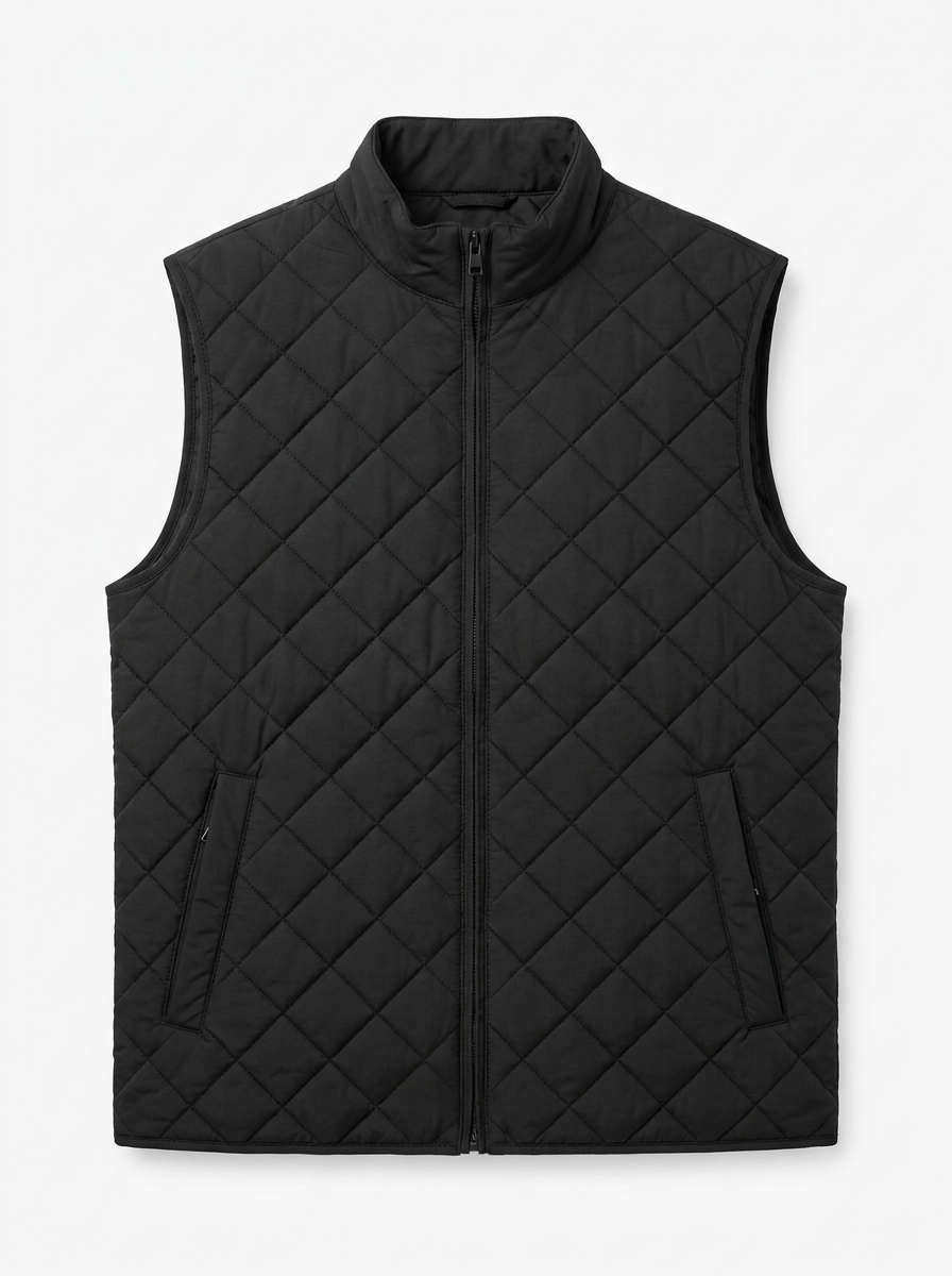 Quilted zip-up vest in Black on a white background