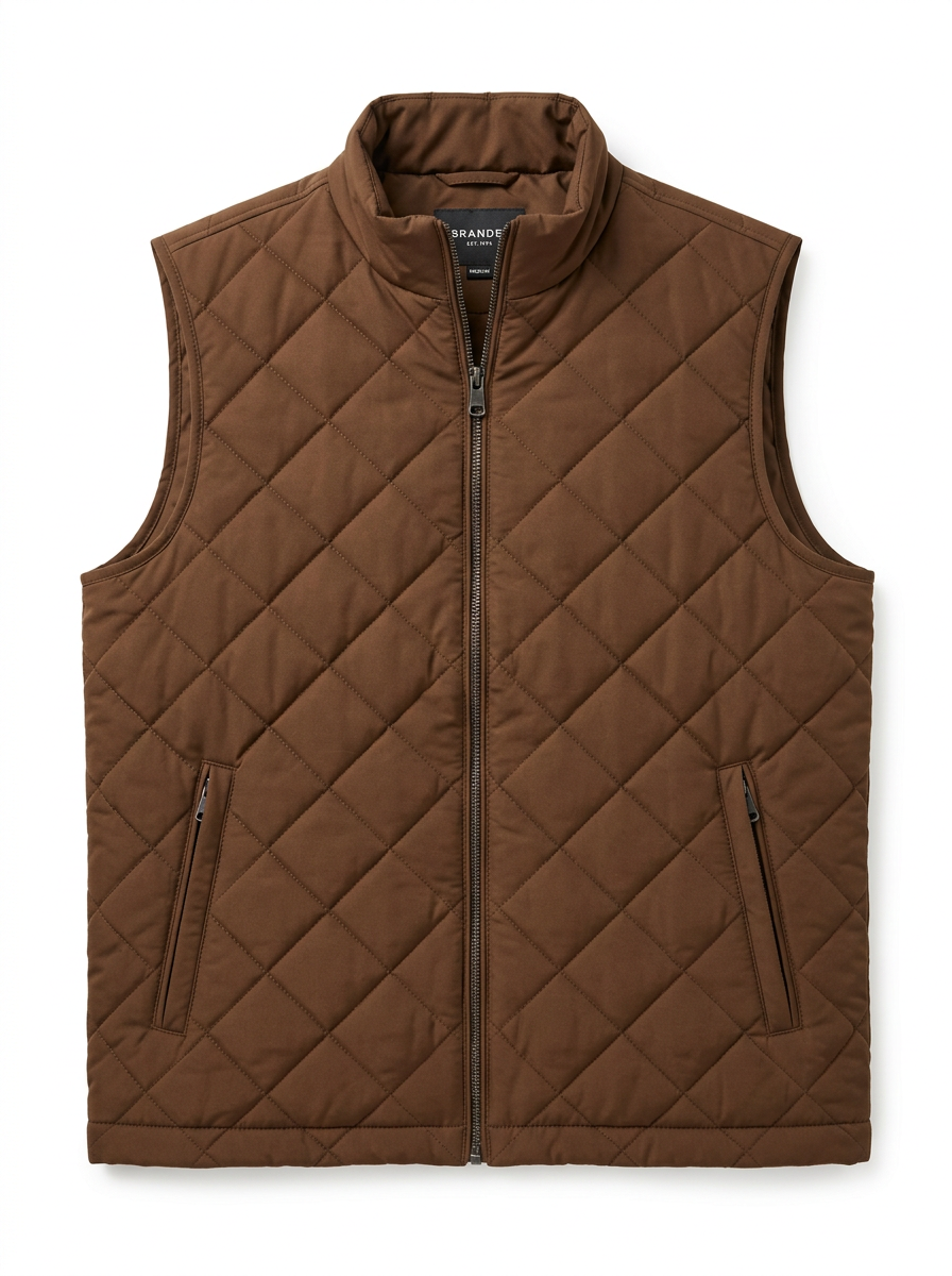 Quilted zip-up vest in Coffee Brown on a white background