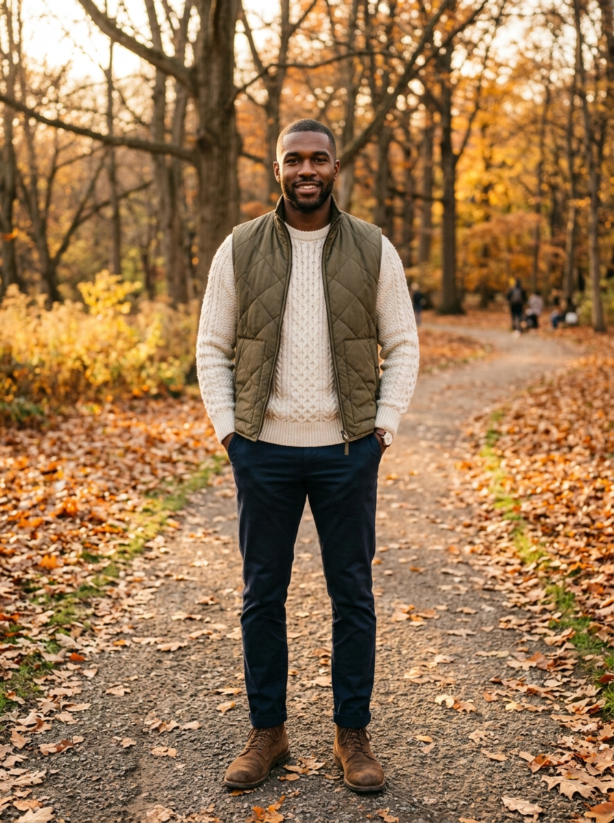 Quilted vest layered over a cream knit with chinos