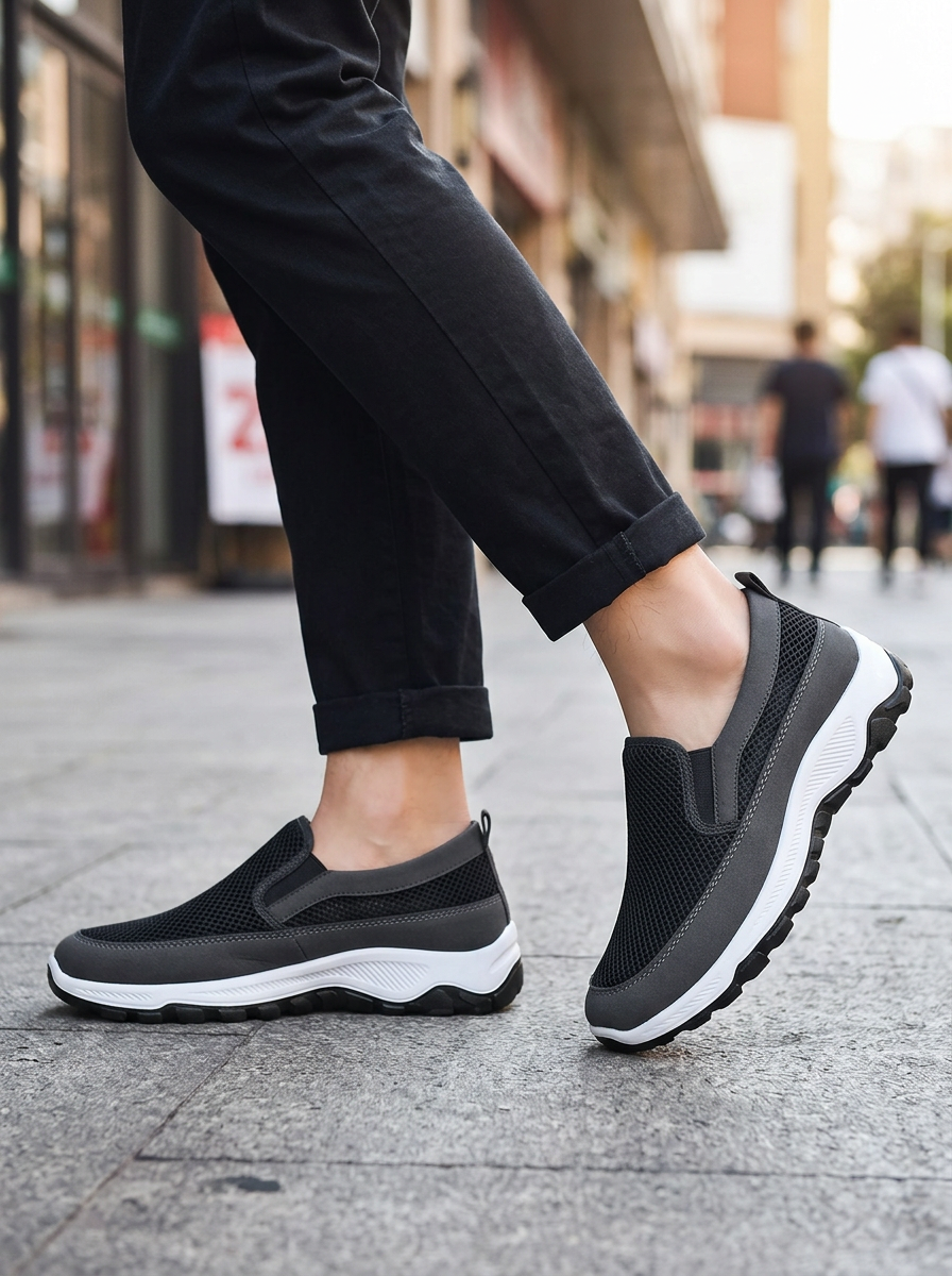 Dark grey knit slip-on sneakers worn on a city sidewalk