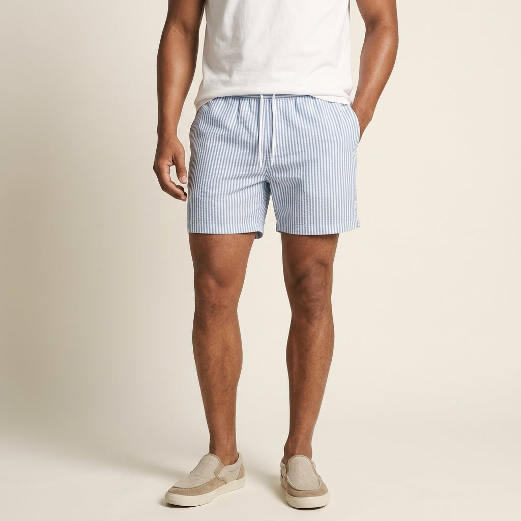 Men's striped swim trunks in blue