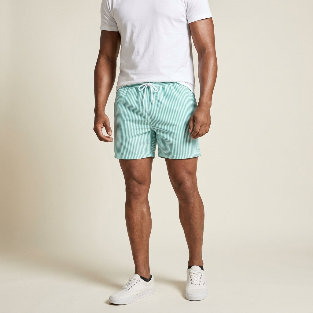 Men's striped swim trunks in cyan