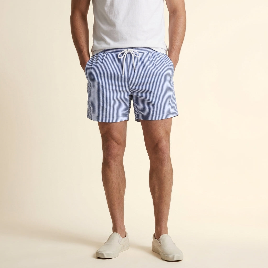 Men's striped swim trunks in dark blue