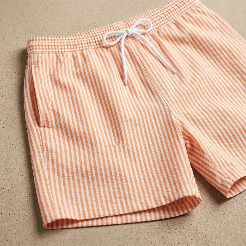 Men's striped swim trunks drawstring waist detail