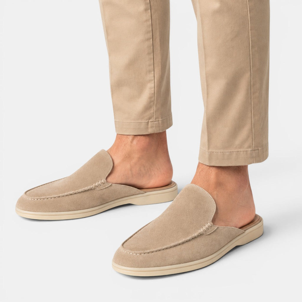 Men's suede slip-on mules open back view