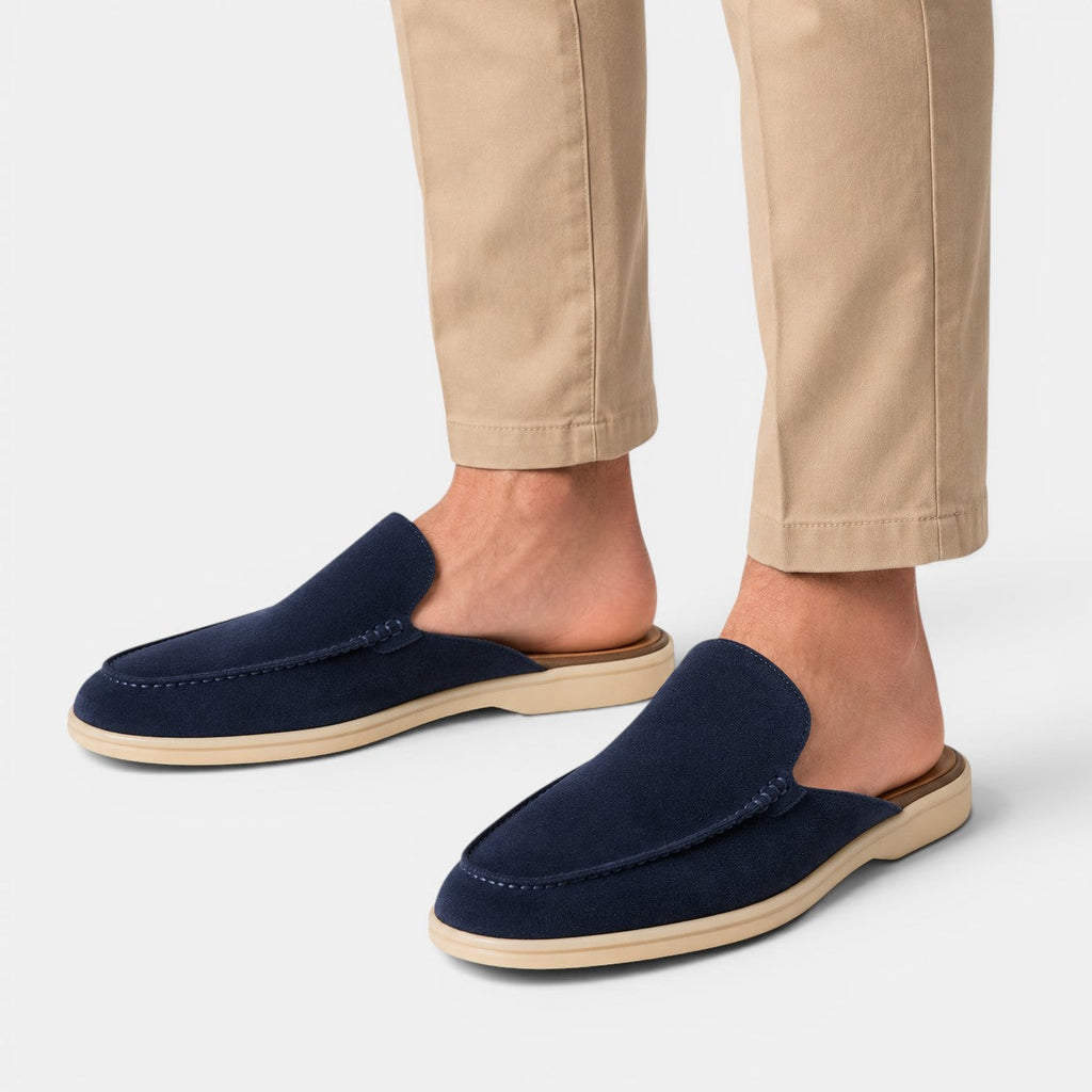 Men's suede slip-on mules worn casually
