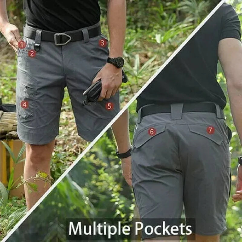 Men's tactical cargo shorts side view showing cargo pockets