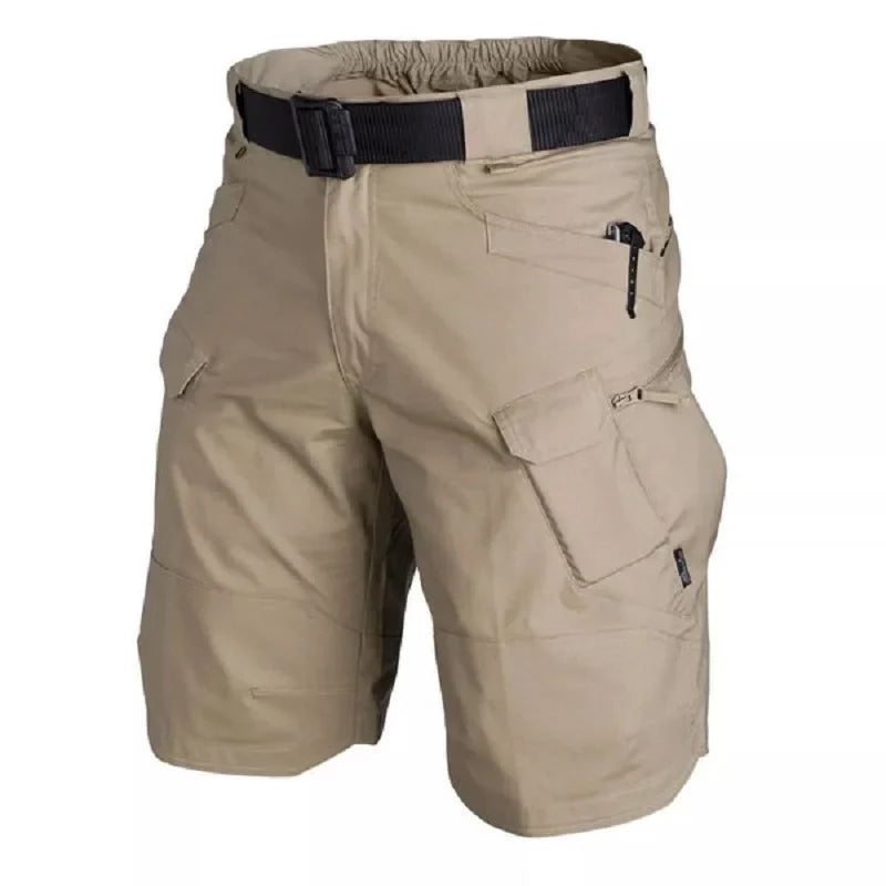 Men's tactical cargo shorts worn outdoors