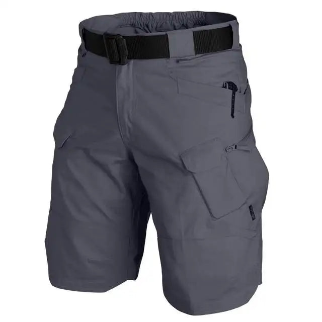 Men's tactical cargo shorts seam and waistband detail