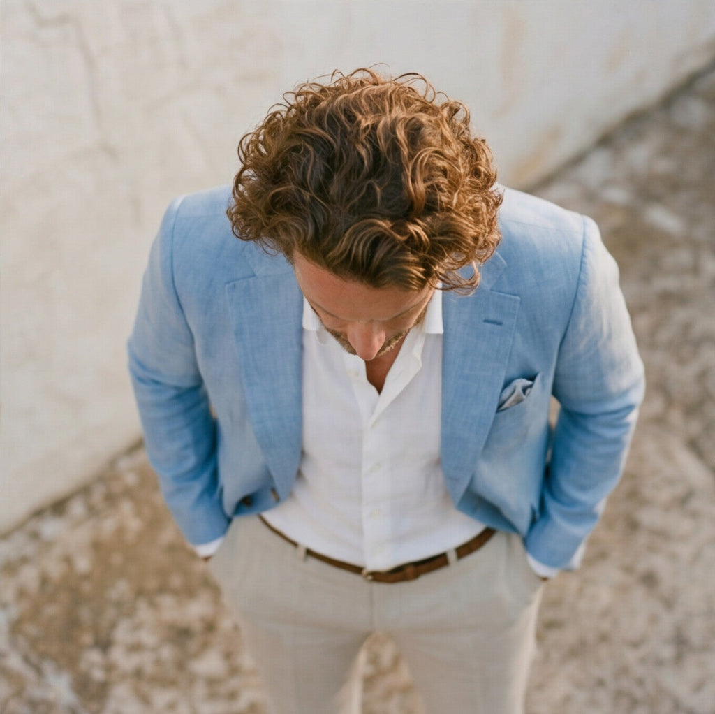 Men's tailored blazer jacket worn front view