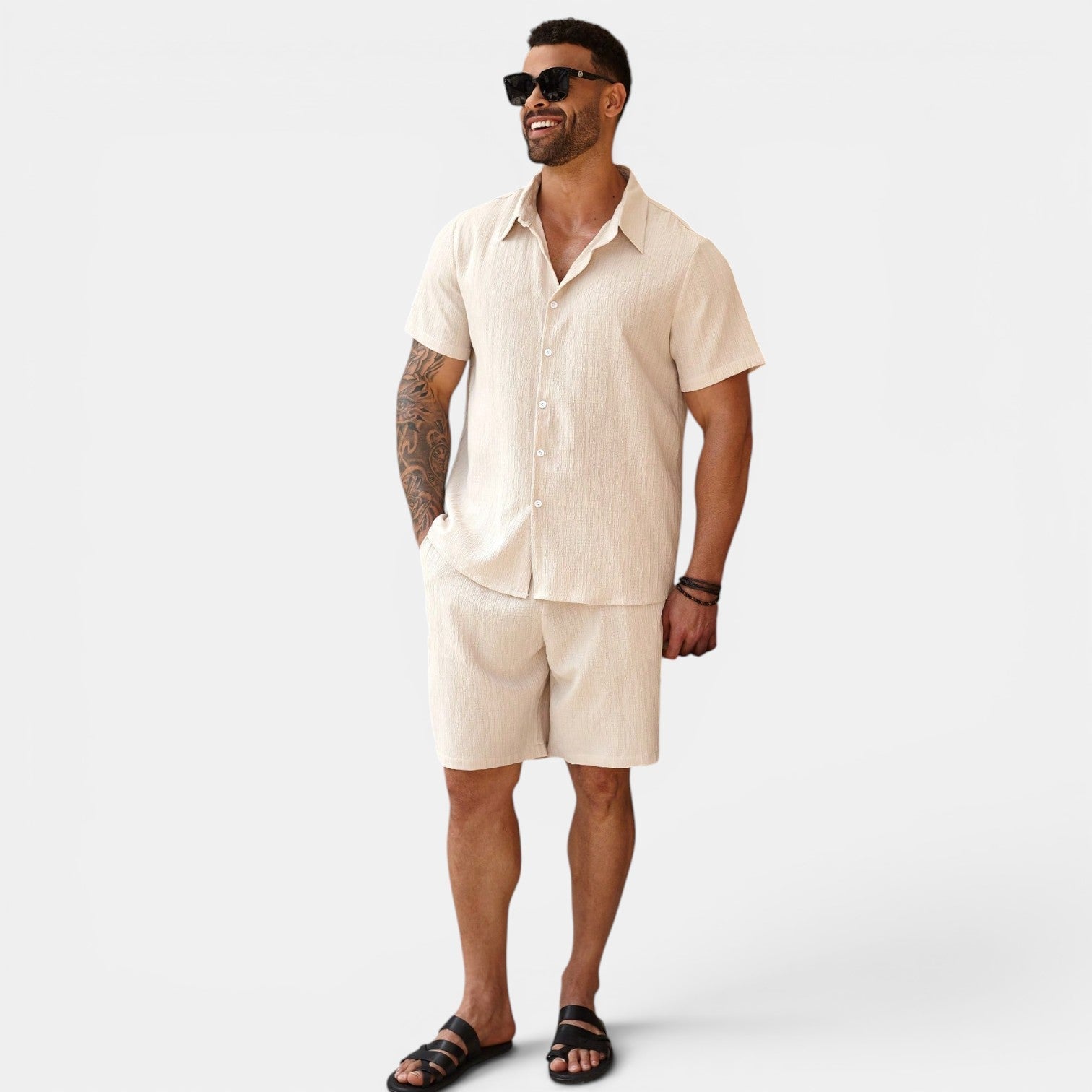 Men's two-piece summer set worn front view