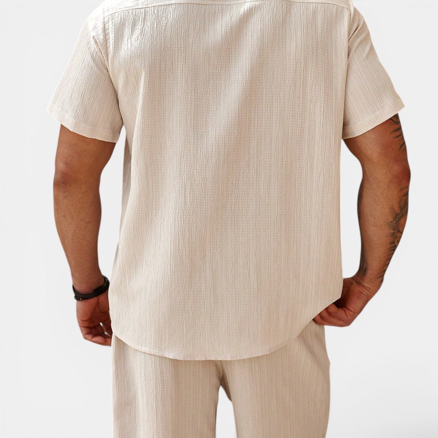 Men's two-piece summer set worn side view
